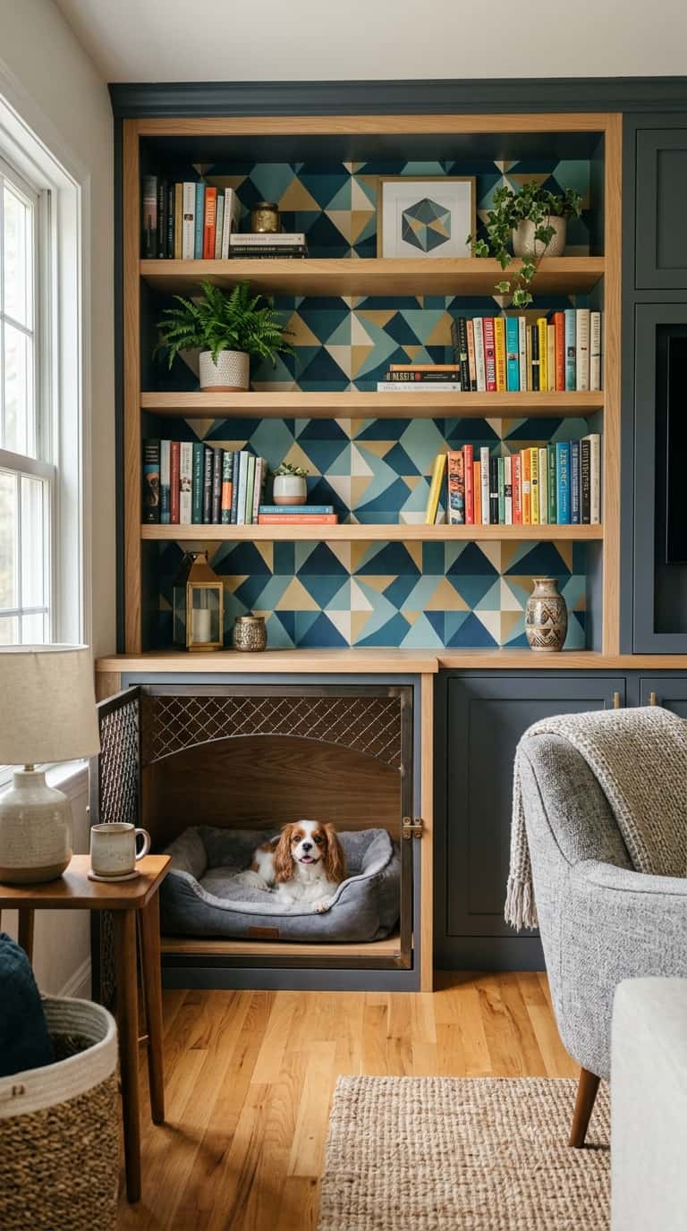 7 dog crate furniture ideas 5 Built-In Dog Crate with Geometric Accent Wall and Open Bookshelves