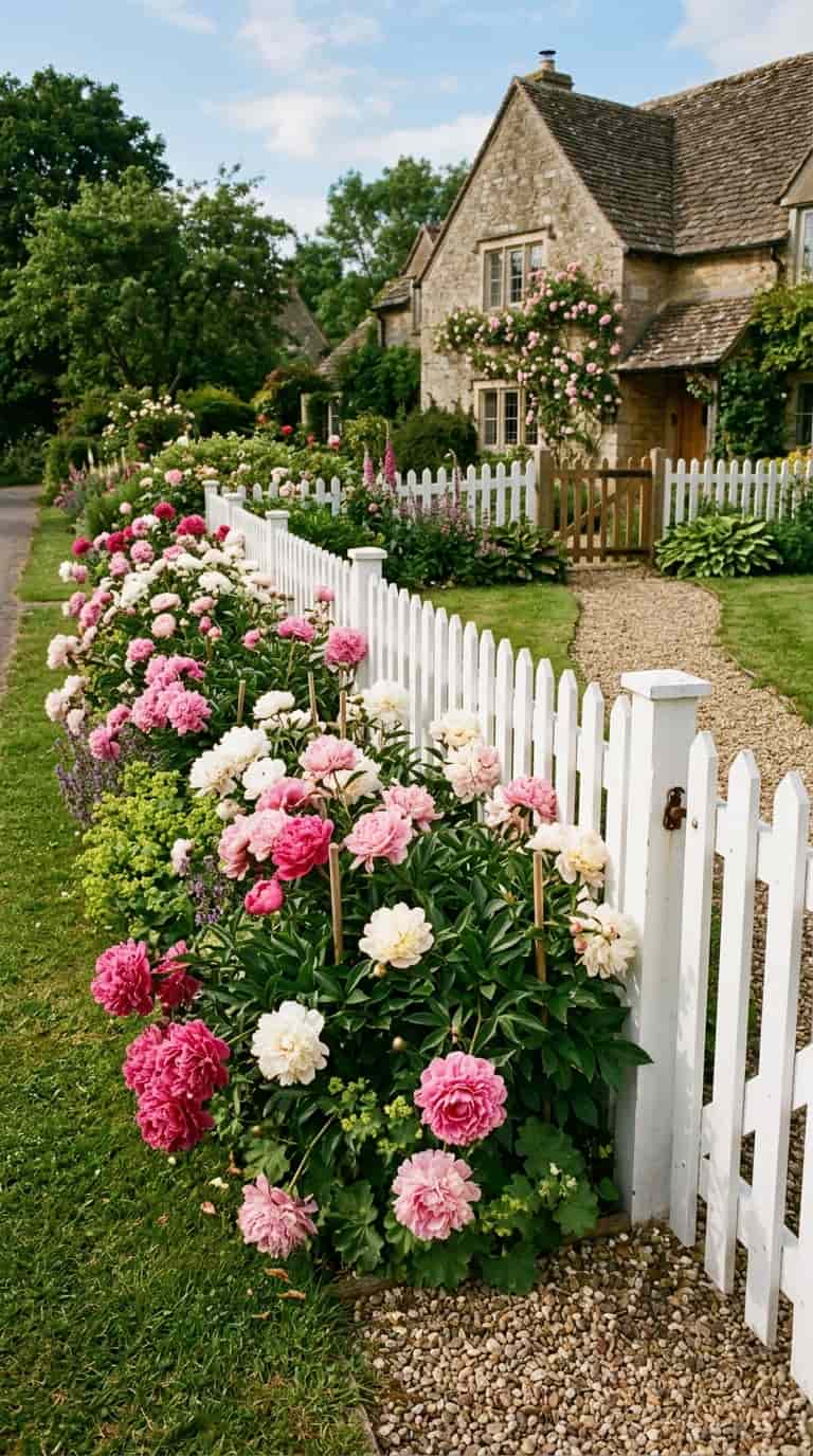 7 Dog Fence Ideas for your backyard 4 Classic Picket Fence with Peony Border