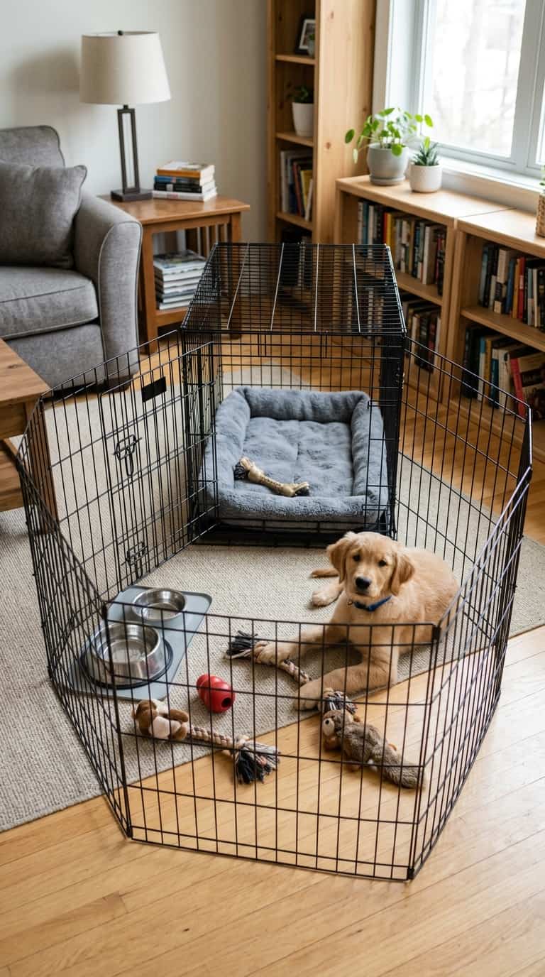 7 Simple DIY Doghouse Ideas For Your Pup 6 Crate-and-Playpen Combo Setup