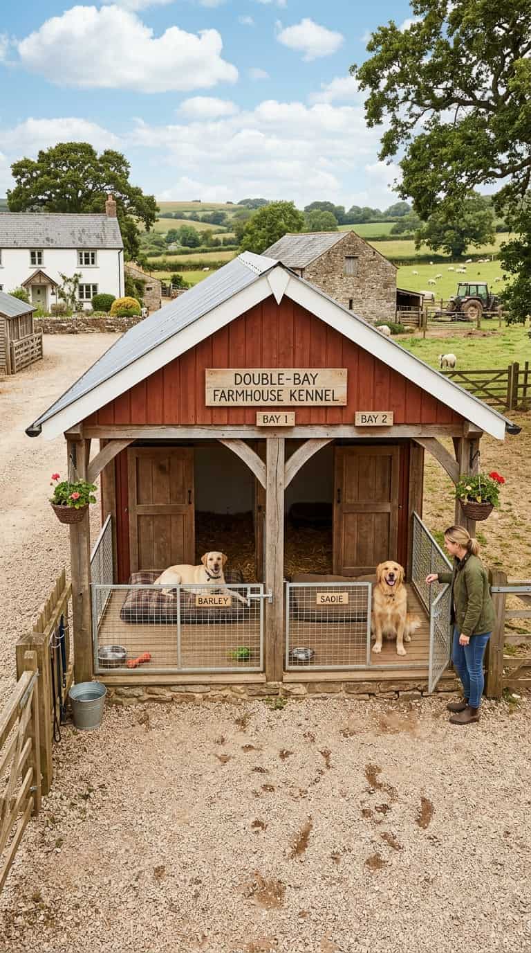8 comfortable dog kennel ideas you can build easily 7 Double-Bay Farmhouse Kennel