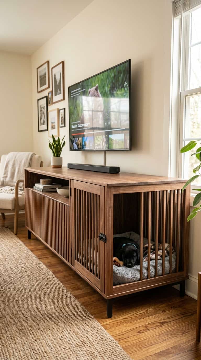 8 comfortable dog kennel ideas you can build easily 5 Slatted Wood Media Console Kennel